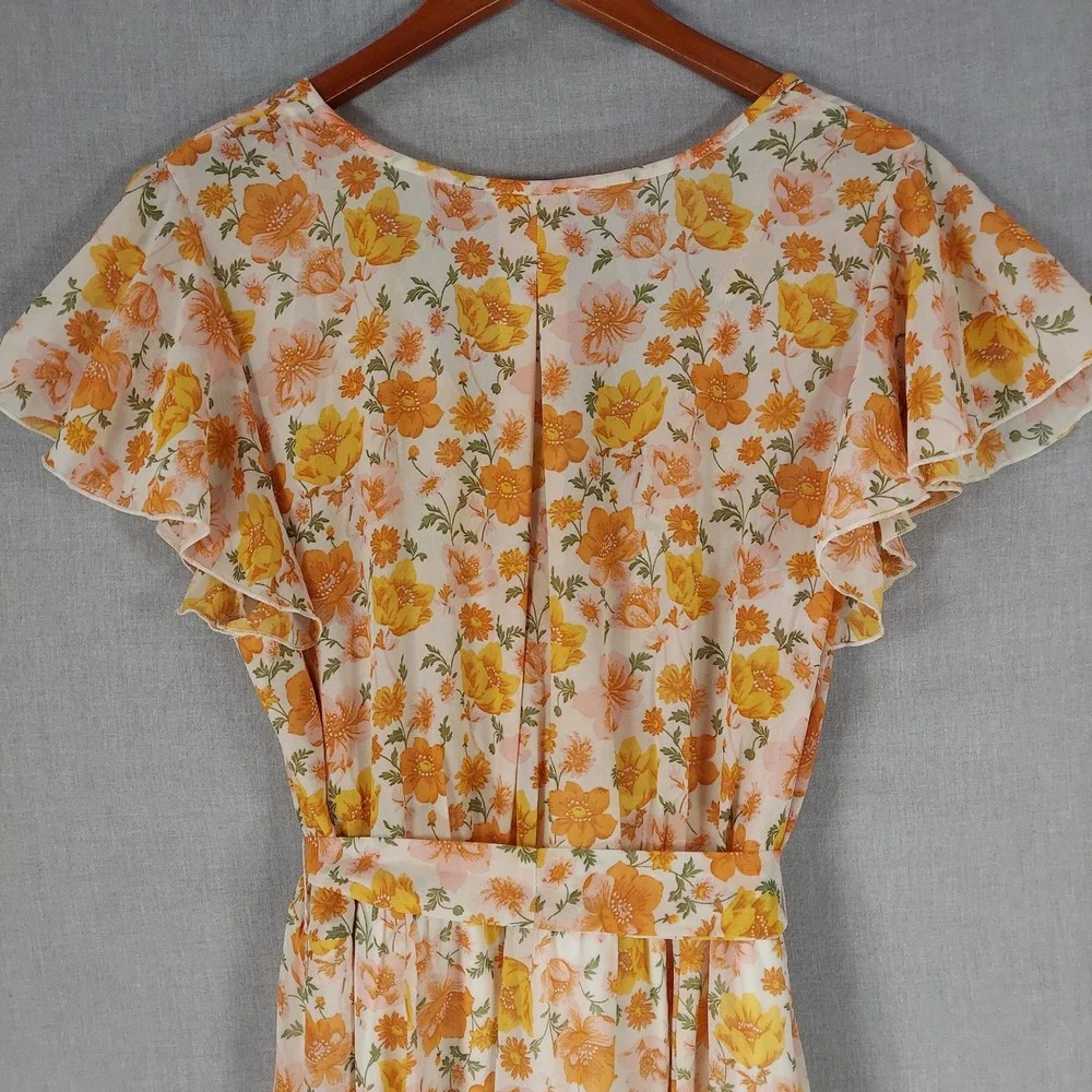 Womens 2X Floral Midi Dress Cottagecore Prairie Romantic Faux Wrap Tie Belt - Picture 5 of 11